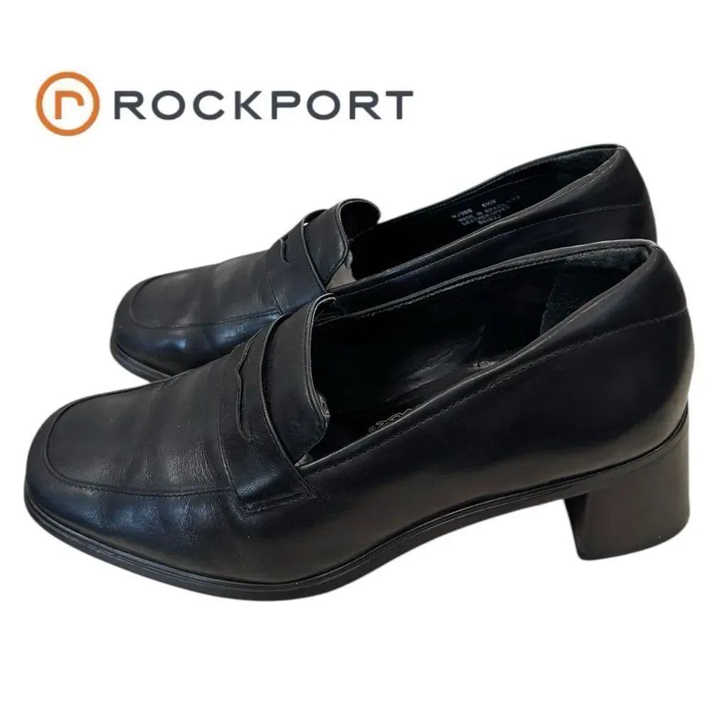 Rockport Women's Black Leather Slip-on Heeled Penny Loafers 6.5  6.5W